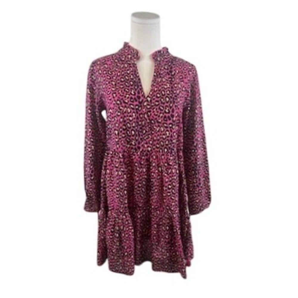 Jude Connally Tiered‎ Cotton Dress Pink Black Leopard Long Sleeve Size Small